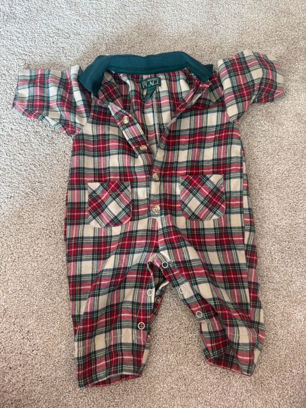 The Children's Place vintage Red Green Plaid Button short sleeve Romper jumpsuit